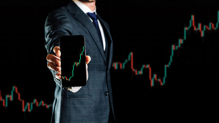 Sell and buy. Investment business technology app on digital screen in businessman hands. Finance...