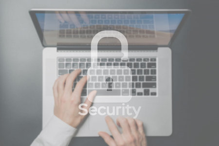 Safety computer security concept. Internet protection symbol on blured keyboard background. Concept...