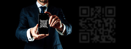Qr code mobile. Digital mobile smart phone with qr code scanner on smartphone screen for online pay, scan barcode on black background. Qrcode payment, online shopping, cashless technology conceptの写真素材