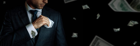 dollar bill. Business man holding Washington American cash. usd money falling banner