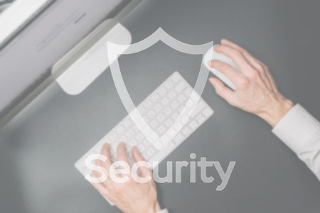 internet protection. Security computer Data symbol on blurred keyboard background. System Shield Protection Verificationの写真素材