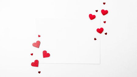 Valentine greeting card. Red heart, romantic gift on love white background. Valentines day decoration for flat lay card with copy spaceの写真素材