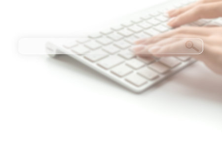 Searching internet. Online website search engine selective focus. Blured hands using computer for...