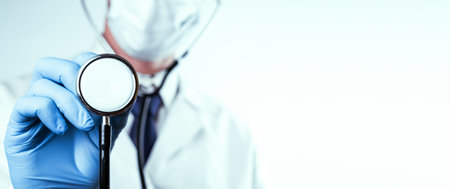 Stethoscope background. Happy doctor in hospital wearing scrubs, blue gloves, provide checkup,...