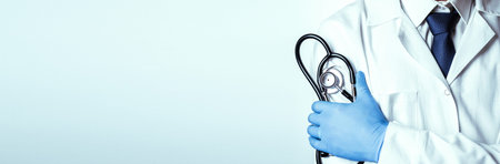 Stethoscope doctor medical background. Happy nurse in hospital uniform, blue gloves holding...