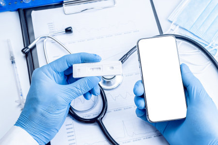 cell phone mockup. Syringe with needle, hospital healthcare charts, doctor stethoscope and black...