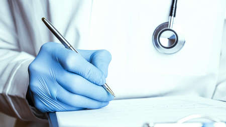 clipboard man medical background. Happy nurse in blue gloves, hospital uniform holding patient clipboard isolated on white. Healthcare workers, preventing virus, quarantine campaign bannerの写真素材