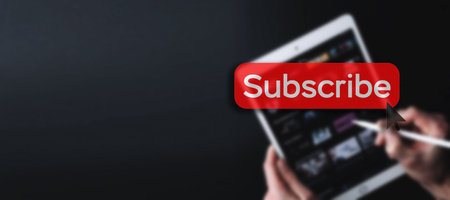 subscribe button. Online video subscription red button. Internet service on laptop digital tablet...