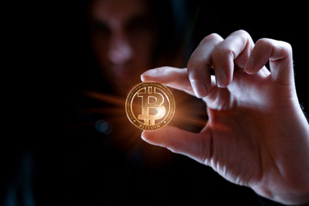 Crypto money bitcoin background. Crypto hacker hand hold golden BTC bit coin. Digital money, stock market conceptの写真素材