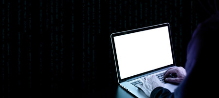 Cyber hacker attack concept. Internet web hack technology. Digital laptop in hacker man hand...