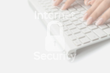 Data protecting security concept. Computer Internet protection symbol on blurred keyboard...