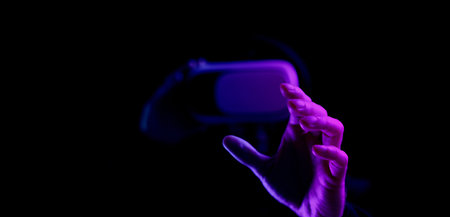 VR goggles virtual reality. Young man in digital helmet for 3d virtual reality game isolated on...