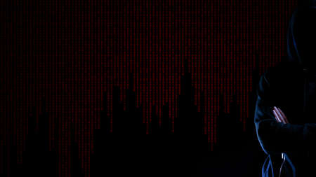 Hacker security cyber attack. Hacker man hand isolated on black. Blurred internet web hack technology with flare ray flash effect. Login and password, cyber security banner conceptの写真素材