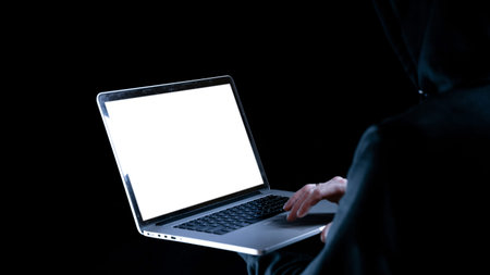 Cyber attack hacker concept. Internet web hack technology. Digital laptop in hacker man hand...