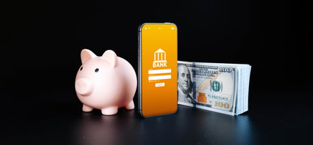 mobile banking network. Smartphone with internet online bank application. Usd money cash on black background. Save currency money walletの写真素材