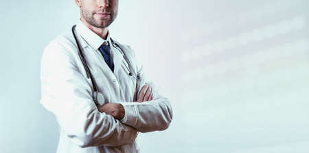 medical doctor hospital background. Happy nurse in hospital uniform, blue gloves holding patient clipboard isolated on white. Medical care, insurance, prescription, paper work or career conceptの写真素材