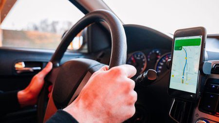 gps navigation map system. Global positioning system on smartphone screen in auto car on travel...
