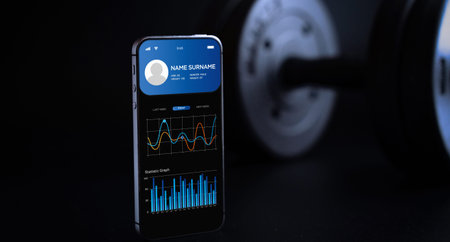 gym application. Smart phone screen with fitness health or sport gym mobile application on black...
