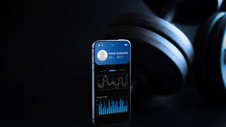 gym app. Smartphone screen with sport gym or fitness health mobile application on black dumbbell background. App for training indoorsの写真素材