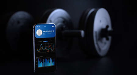 health app. Smart phone screen with fitness health or sport gym mobile application on black dumbbell background. Home online workoutの写真素材