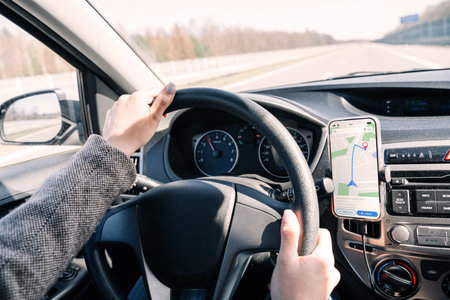 gps car map system. Global positioning system on smartphone screen in auto car on travel road. Navigation auto location system appの写真素材