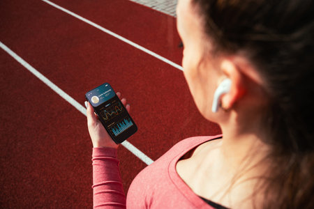 fitness app. Smart phone screen with fitness health or sport gym mobile application. Girl holding...