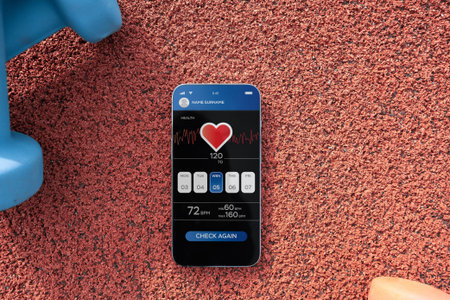 health app. Smart phone screen with fitness health or sport gym mobile application on dumbbell background. Home online workoutの写真素材