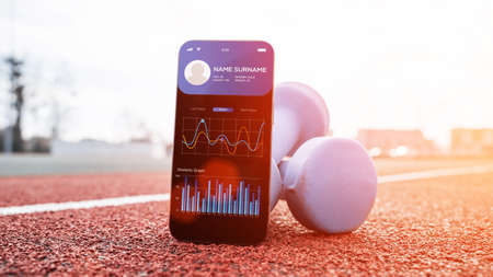 gym application. Smart phone screen with fitness health or sport gym mobile application on dumbbell background. Online fitness programの写真素材