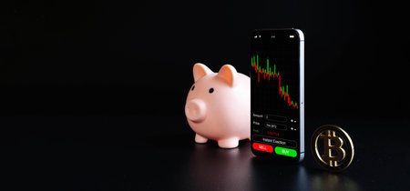 Crypto currency exchange. Pink pig bank, gold crypto currency BTC bitcoin on black background....