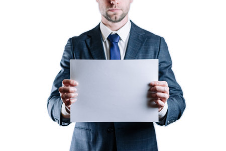 Blank card template. Business man hold template blank board on white background. Empty carton