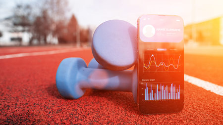 gym app. Smartphone screen with sport gym or fitness health mobile application on dumbbell...