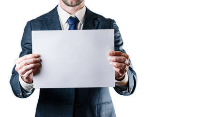 business card holding businessman on white background. Blank board template. empty posterの写真素材