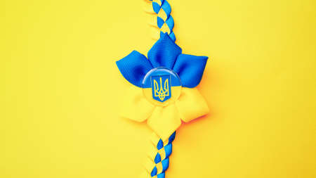 Ukrainian flower trident symbol isolated on yellow. Yellow blue banner background, flat lay, copy spaceの写真素材