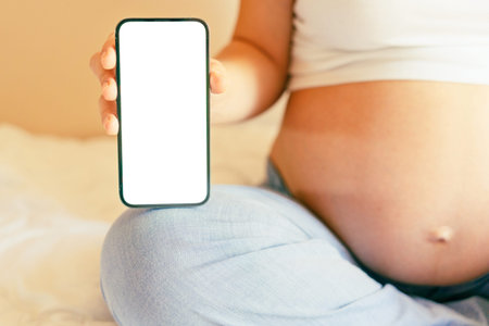 Pregnant screen mockup. Mobile pregnancy online maternity application mock up. Pregnant mother using...