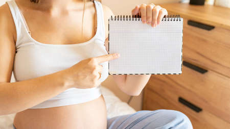 Pregnant woman list. Young pregnancy mother holding notepad. Pregnant lady writing check list of baby. Pregnancy, maternity, healthcare conceptの写真素材