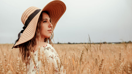 Woman wheat field nature. Happy young woman in sun hat in summer wheat field at sunset. Copy space,...