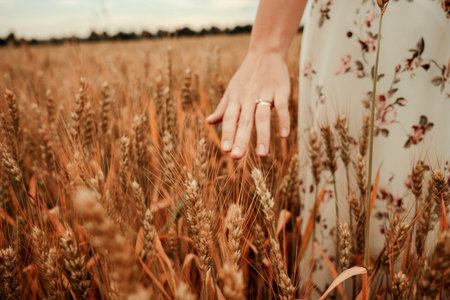 Wheatfield woman hand. Young woman hand touching spikelets in cereal field. Agriculture harvest...