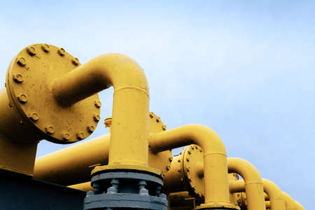 Gas pipeline oil industry. Yellow gas pipe power technology. fuel energy equipment. Gas industry, oil transport systemの写真素材