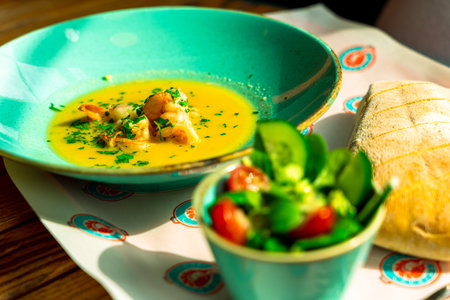 Thai food shrimp soup. Tom yam kung spicy thai soup with shrimp, seafood. famous traditional thai foodの写真素材