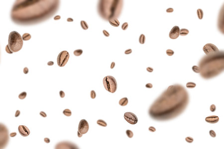 Coffee beans falling background. Black espresso coffee bean. Aromatic grain fall isolated on white. Represent breakfast for energy and freshness conceptの写真素材