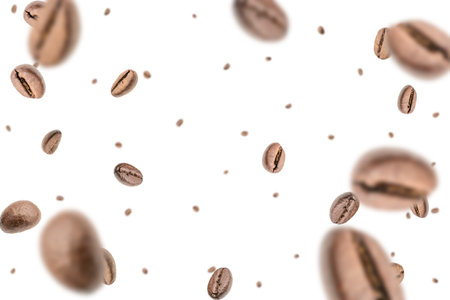 Coffee beans fall background. Black espresso coffee bean falling. Aromatic grain flying isolated on white. Concept for coffee product advertisingの写真素材