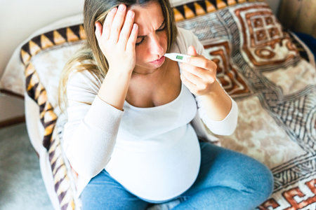 Pregnancy fever temperature check. Pregnant woman holding thermometer, check fever flu temperature. Pregnancy girl sick. Concept maternity, pregnant, childbirthの写真素材