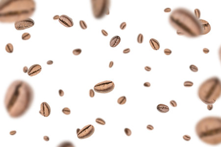 Coffee beans fall background. Black espresso coffee bean falling. Aromatic grain flying isolated on white. Concept for coffee product advertisingの写真素材