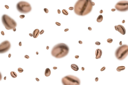 Coffee flying bean background. Black espresso grain falling. Rustic coffee bean fall on white background. Represent breakfast, energy, freshness or great aroma conceptの写真素材