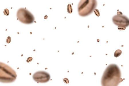 Coffee falling bean background. Black espresso coffee bean flying on white. Aromatic grain fall isolated. Represent breakfast for energy and freshness conceptの写真素材