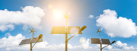 Wind turbines solar panels banner. Renewable photovoltaic technology with solar energy power panel and wind turbine. solar energy panelsの写真素材