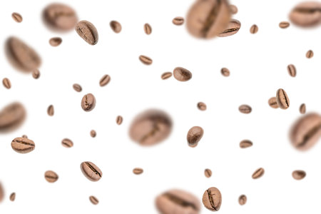 Coffee beans fall background. Black espresso coffee bean falling. Aromatic grain flying isolated on white. Concept for coffee product advertisingの写真素材