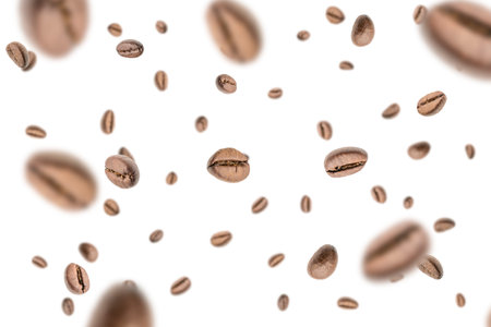 Coffee beans fall background. Black espresso coffee bean falling. Aromatic grain flying isolated on white. Concept for coffee product advertisingの写真素材
