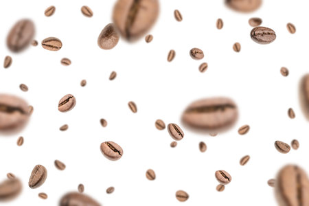 Coffee beans fall background. Black espresso coffee bean falling. Aromatic grain flying isolated on white. Concept for coffee product advertisingの写真素材