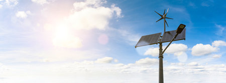 Alternative energy sources banner. Renewable photovoltaic technology with solar energy power panel and wind turbine. Sun energy solar power bannerの写真素材